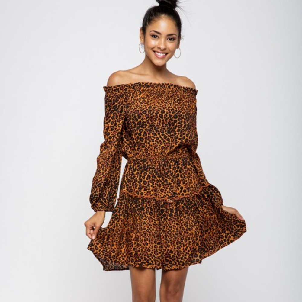 LEOPARD PRINT OFF SHOULDER RUFFLE DRESS